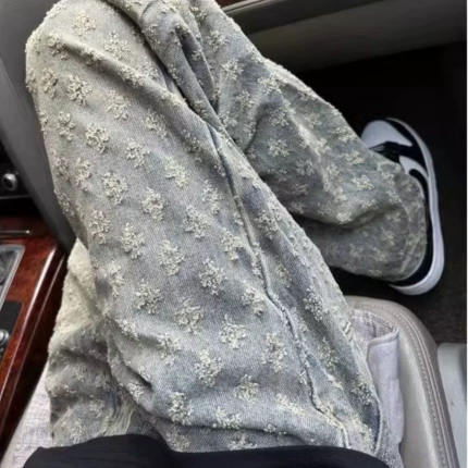 美式高街提花满印牛仔裤男款显瘦腿细裤子潮牌痞帅炸街宽松直筒裤