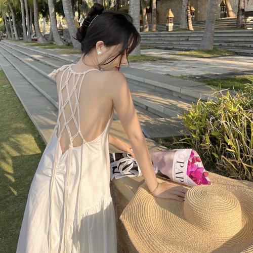 Сексуальная плетеная белая юбка, пляжное платье, французский стиль, с открытой спиной, по фигуре