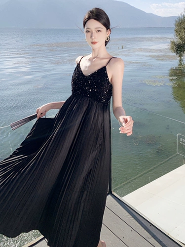 Черные блестки для ногтей, платье, длинная юбка, французский стиль, новая коллекция, V-образный вырез, изысканный стиль, яркий броский стиль, высокая талия