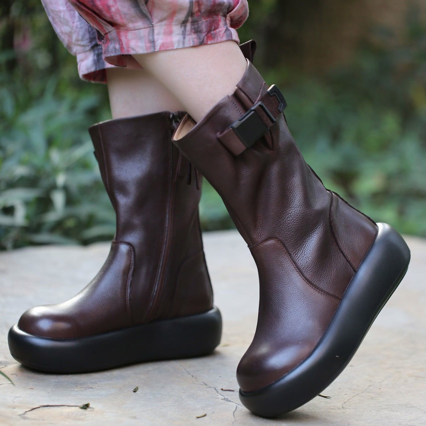 复古真皮厚底马丁靴加绒棉靴女