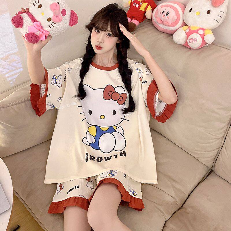 卡通HelloKitty睡衣女款夏季短袖2026新款夏天可爱圆领家居服套装