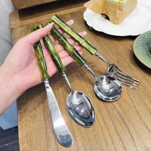 *高颜值创意餐具*Rivadossi橄榄绿竹节刀叉勺西餐套装304不锈钢