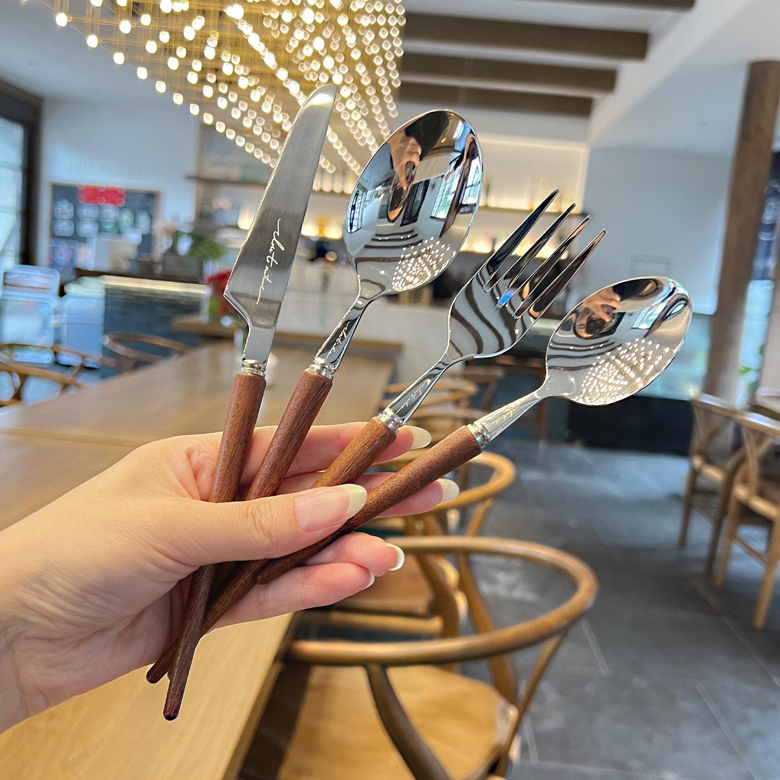 高级感牛排刀叉勺套装！304不锈钢沙拉叉子主餐更复古木柄西餐套