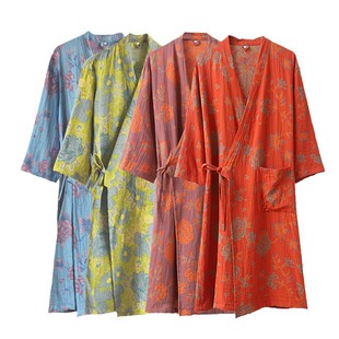 跨境新款纯棉提花纱布中式斜襟浴袍浴衣睡衣家居服女吸水亲肤柔软