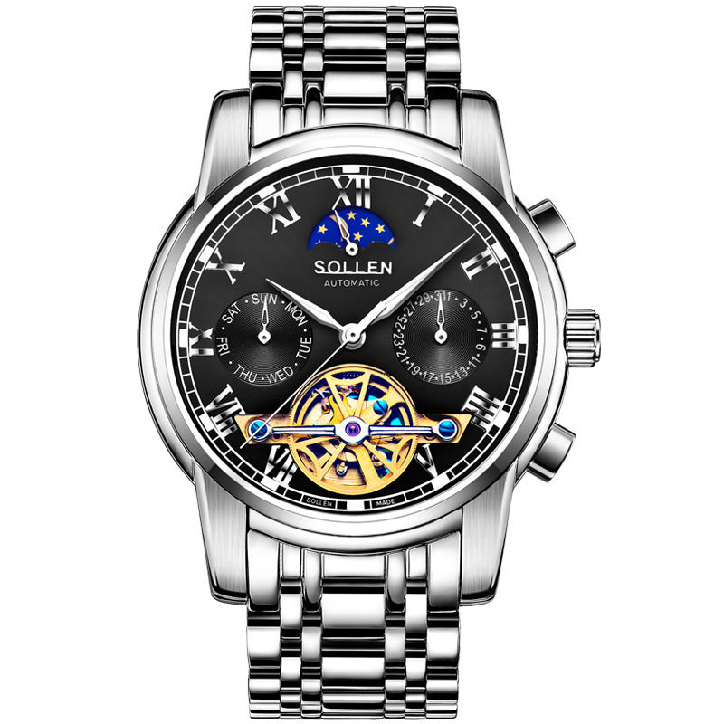 休闲男外贸表商务sollen梭伦时尚全自动全钢机械飞轮手表夜光