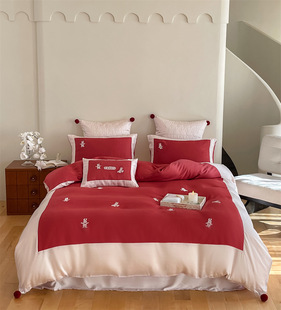 80支天丝面料可爱小兔子喜庆红色高端刺绣家用卧室水洗套件床品