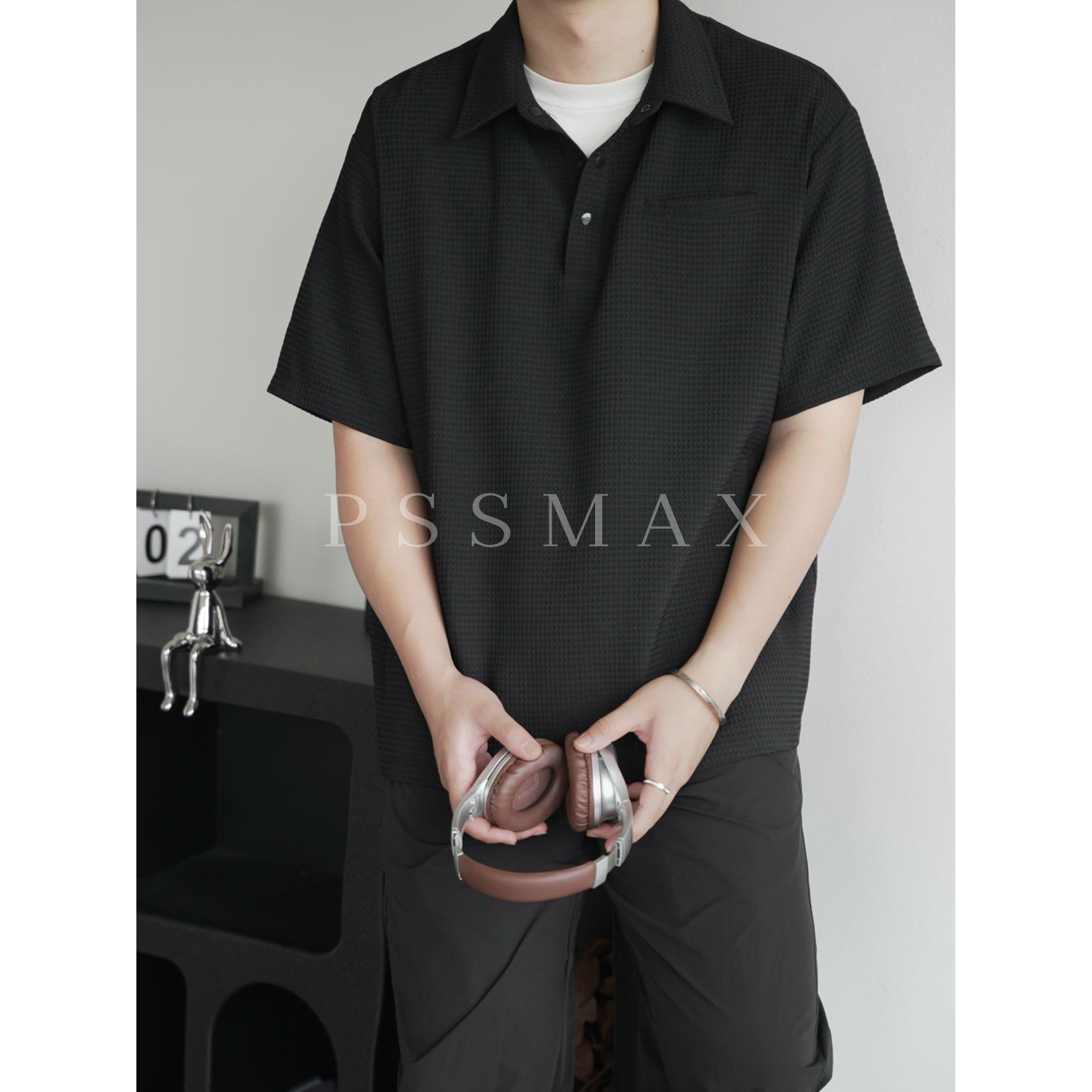 胖俗俗PSSMAX 夏季工装翻领肌理感衬衣男大码微胖宽松休闲短袖T恤