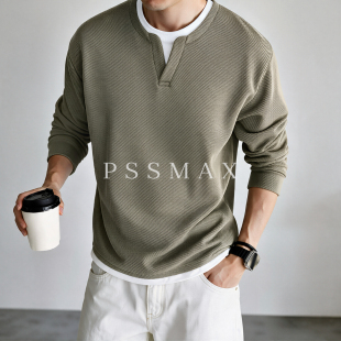 胖俗俗PSSMAX 秋季假两件V领卫衣男大码微胖休闲显瘦打底长袖上衣