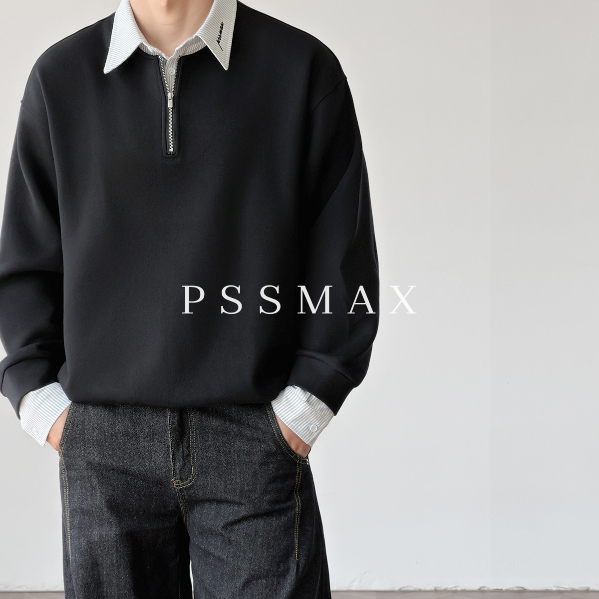 【现货】胖俗俗 PSSMAX叠构领序2026早秋宽松休闲拼接长袖T卫衣男