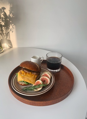 日式ins风木质茶盘托盘圆盘家用茶色餐盘点心托盘木质简约茶托