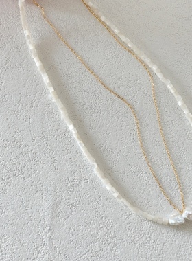 白色砂砾-不规则天然珍珠贝壳双层项链14K注金项链叠戴设计感百搭