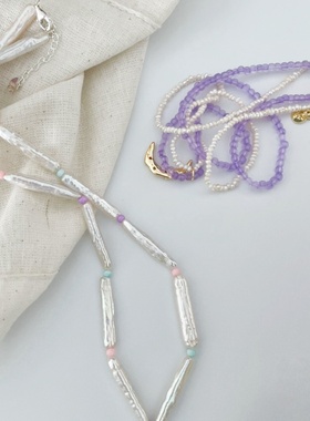 马卡龙彩条-浮光拾贝天然方块珍珠项链纯银项链时尚百搭简约气质