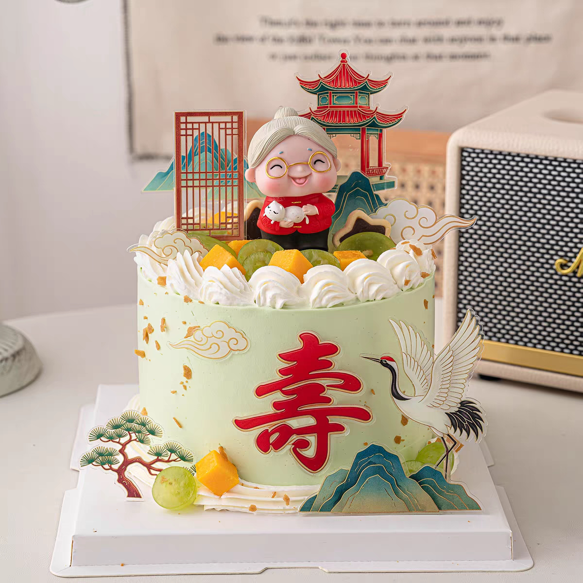 祝寿猫咪奶奶生日蛋糕装饰摆件凉亭假山祥云扇子寿字亚克力插件
