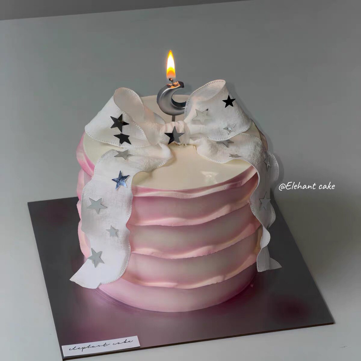 ins风褶皱丝带蛋糕装饰银色月亮蜡烛插件星星亮片生日装扮蛋糕款