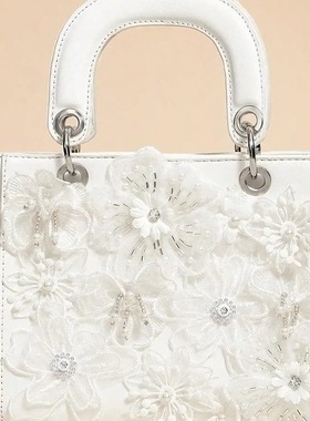2025时尚潮流白色高贵奢华晚宴包蕾丝花朵女式手提包热卖