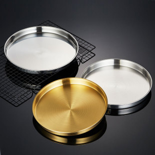 韩式 不锈钢盘子圆盘商用金色平底托盘加厚凉皮锣锣肠粉盘蒸盘菜碟