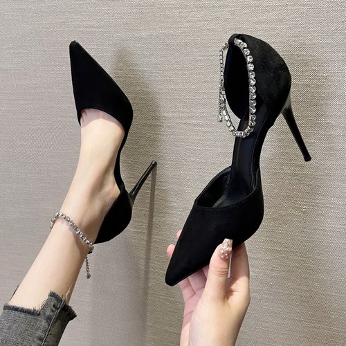 一字带黑色高跟鞋女法式时装2025年夏季新款绒面中空单鞋细跟尖头