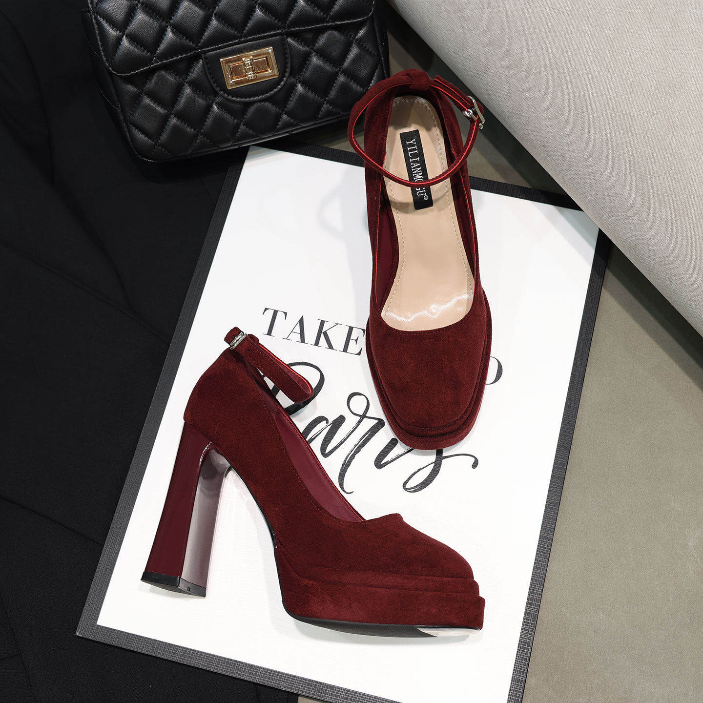 防水台一字带高跟鞋单鞋玛丽珍鞋粗跟方头不累脚绒面红色婚鞋女鞋,女鞋,浅口单鞋,淘宝优惠券,粉丝福利购,淘宝优惠卷