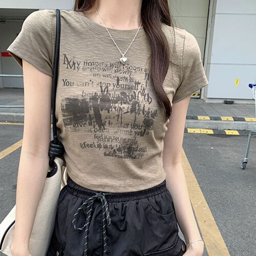 2026夏季韩版印花圆领短袖T恤女装新款洋气修身显瘦短款百搭上衣