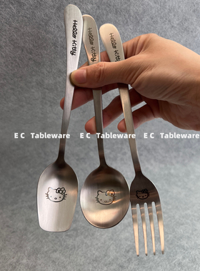 hellokitty勺子304不锈钢勺子餐具儿童叉子可爱宝宝叉子家用叉子