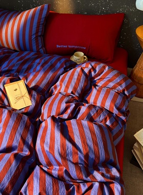 高级感简约红蓝撞色条纹皱皱纱被套四件套柔软1.5m宿舍床单三件套
