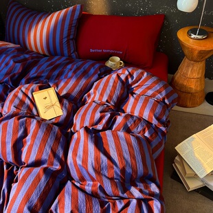 高级感简约红蓝撞色条纹皱皱纱被套四件套柔软1.5m宿舍床单三件套