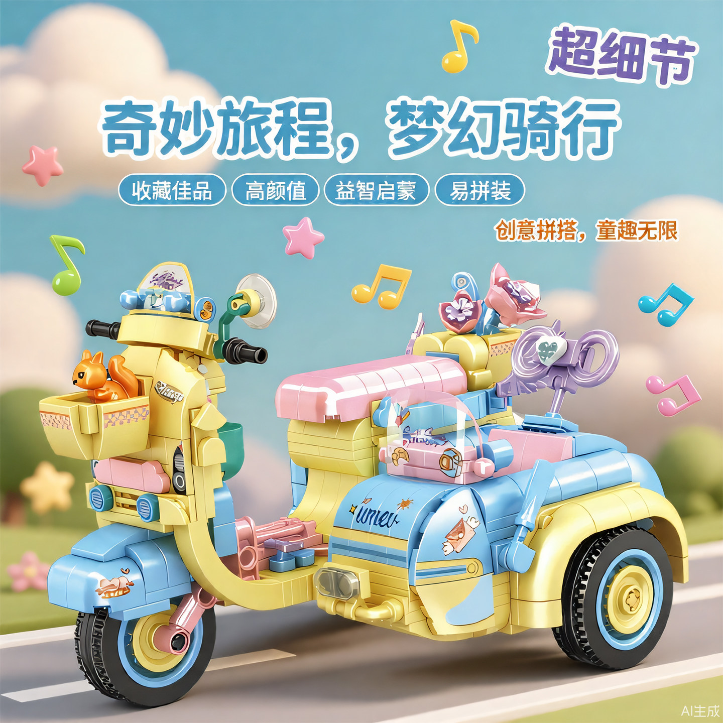 骑妙旅程可爱三轮带斗摩托车积木