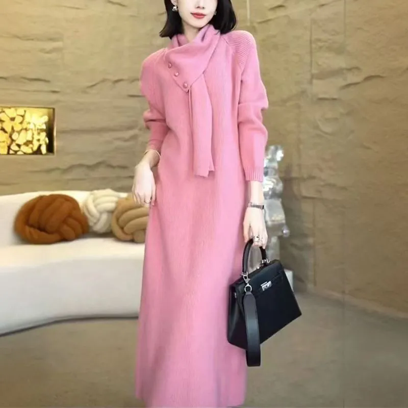 通勤风围巾领针织毛衣连衣裙女秋冬长袖显瘦高端淑女风长裙保暖春,女装/女士精品,连衣裙,淘宝优惠券,粉丝福利购,淘宝优惠卷