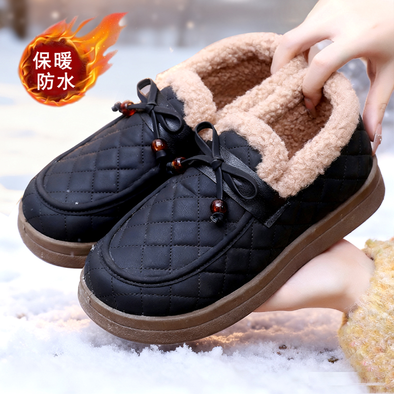女士棉鞋懒人一脚蹬皮面加绒防寒
