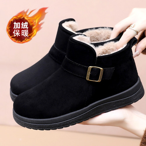 加绒保暖棉鞋女老北京布鞋女棉鞋冬季防滑厚底短靴加厚黑色勃肯鞋