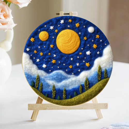 蓝色星空羊毛毡戳戳乐手工diy材料包制作生日礼物摆件装饰画挂件