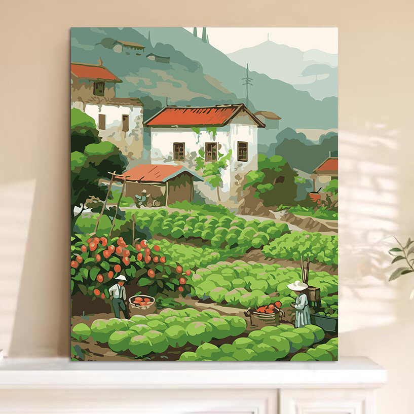 中式江南小镇数字油画手绘diy治愈乡村蔬果院风景手工填充油彩画