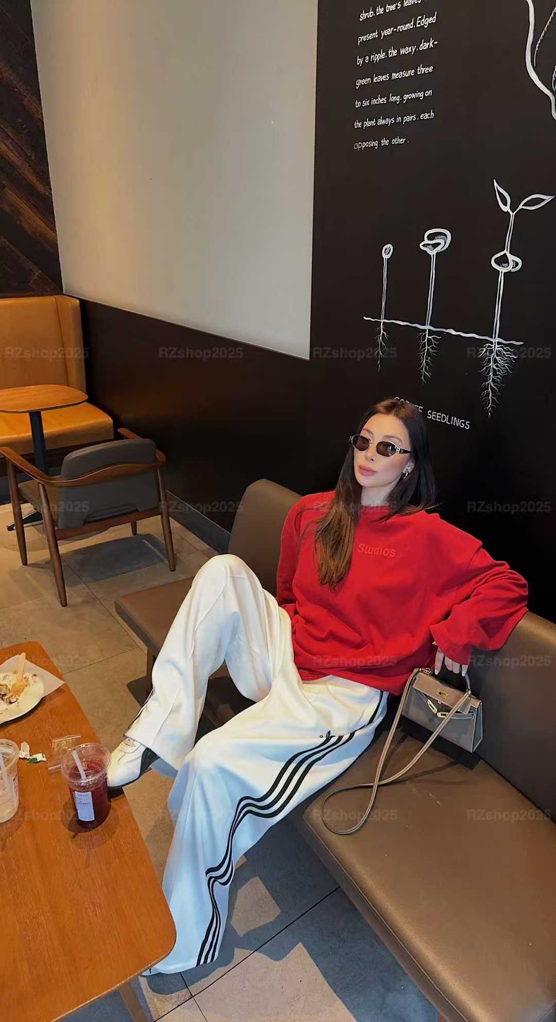 秋新款韩版宽松时尚刺绣字母长袖T恤女+高腰杠条直筒休闲阔腿裤