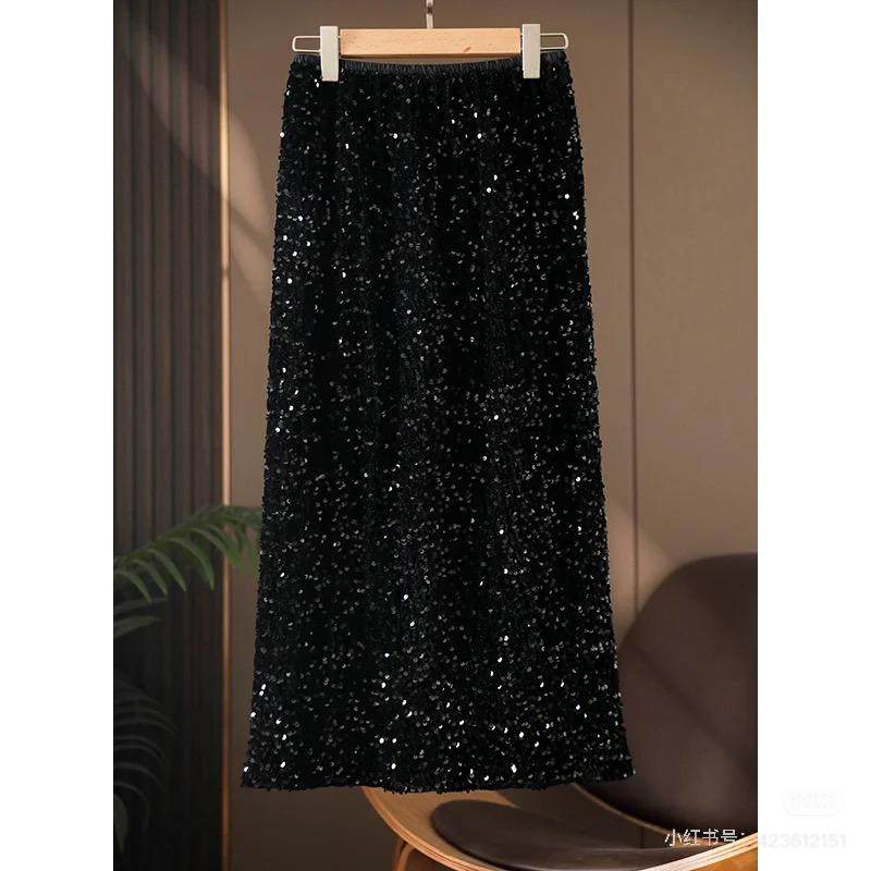 TOP【赫本风半裙】秋冬轻奢黑色重工百搭高腰A字半身亮片裙1017,女装/女士精品,半身裙,淘宝优惠券,粉丝福利购,淘宝优惠卷