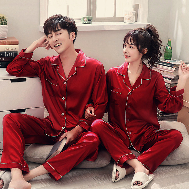 结婚情侣睡衣红色女新婚冰丝家居服套装本命年男春夏新娘长袖薄款