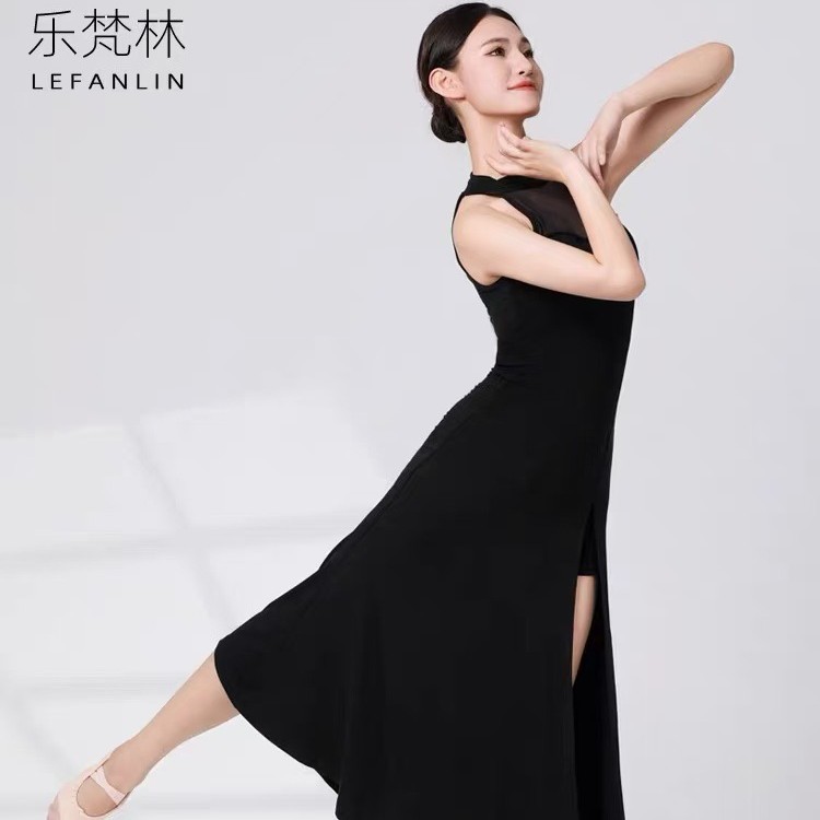 黑色无袖开叉中长舞蹈练功演出裙