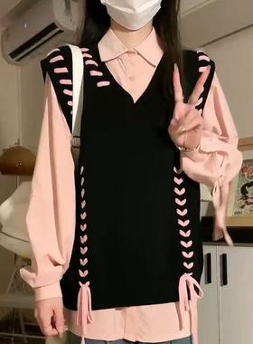 韩系蝴蝶明线绑带黑色背心马甲叠穿粉色绑带衬衫校园秋季两件套