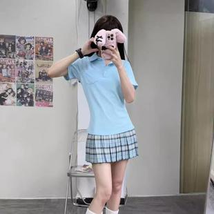 学院风蓝色polo领短袖 潮 t恤女夏季 显瘦休闲百搭上衣格子裙套装