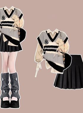 2025早秋款韩系小个子学生穿搭马甲女+抽绳衬衫+黑色百褶裙三件套