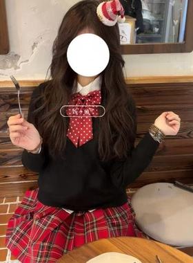 原创正版jk制服秋冬叠穿圣诞色学院风黑色套头毛衣小辣椒格裙套装