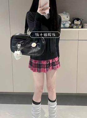 JK制服针织衫原创校供感黑色长袖毛衣学院风上衣格裙百褶裙套装女