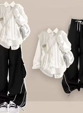 2025早秋款韩系学院风穿搭针织马甲女+白色衬衫+黑色工装裤三件套