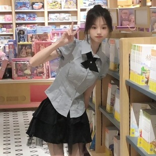 甜辣学院jk制服套装 女 夏季 裙子套装 套装 衬衫 女收腰衬衫 新款 泡泡袖