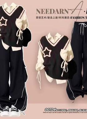 学院风马甲衬衫两件套女开春韩版日系叠穿无袖黑色针织背心外穿