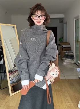 韩系学院风不规则斗篷针织套头毛衣女秋冬新款黑色半身裙两件套装