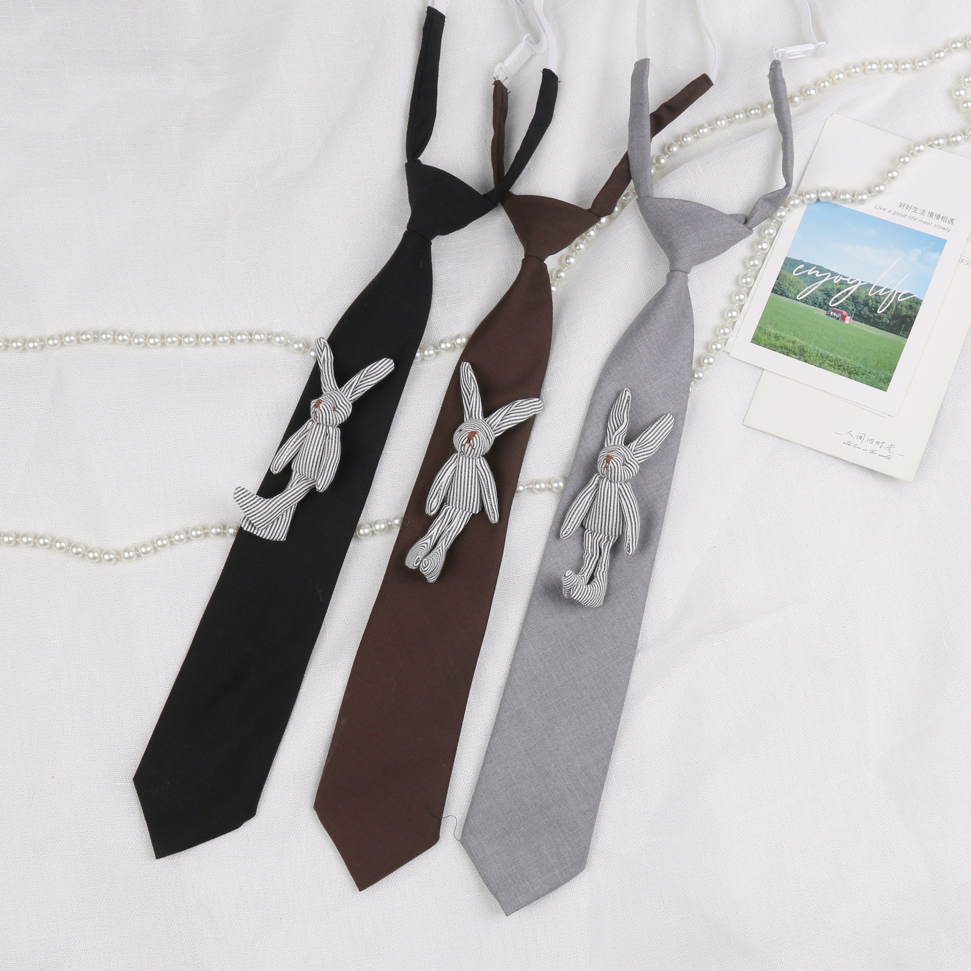 梦见电子兔 自制可爱兔子小熊免打领带棕灰黑女生个性潮时尚配饰