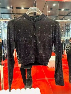 新款 大王圆领收腰短款 小外套女2025秋季 针织开衫 镂空纯黑亮闪修身