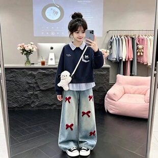 女童装春秋时髦洋气套装中大儿童女孩假两件衬衣领卫衣牛仔裤潮款