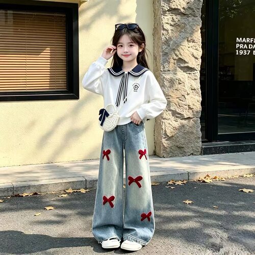 女童秋装套装2026新款大童初中生超火小女孩卫衣牛仔裤洋气儿童装