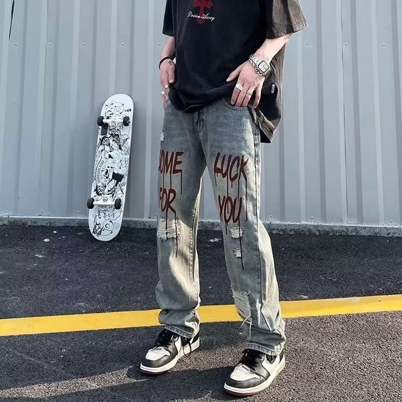 美式高街破洞印花牛仔裤男宽松直筒夏季青少年痞帅潮牌hiphop裤子